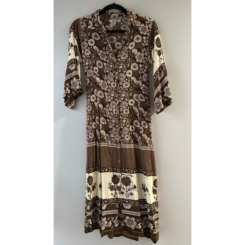 Natura Floral Midi Dress Womens Brown Cream‎ Button Front Crinkle Boho Portugal
